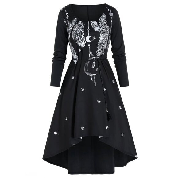 Vintage-Inspired Black Moon & Feather Print Dress Rope Belt And Pockets - Picture 2 of 8